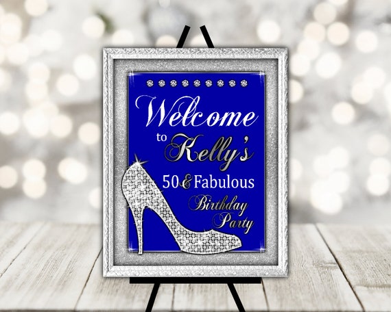 Welcome Sign for a Woman's Birthday Party - High Heels Welcome Sign in Royal Blue and Silver - Woman's Birthday Party Welcome - Bling Glam Il_570xn