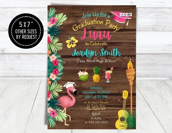 Luau Graduation Party Invitation, Hawaiian Party Invite, High School, Middle School, Class of 2023, Flamingo, Tiki, Printable Invitation Il_570xn