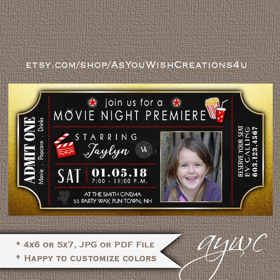 Movie Theater Birthday Party Invitation Girl Movie Night Party Invites with Photo Movie Ticket Invitations Printable Movie Theater Birthday Il_570xn