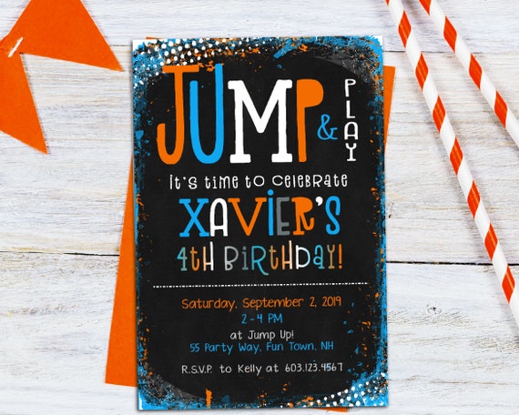 Trampoline Park Birthday Party Invitation for a Boy or Girl - Jump Birthday Party Invite - Printable Invitation on Chalkboard Background Il_570xn
