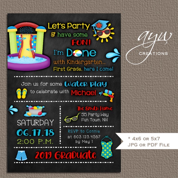 Kindergarten Graduation Pool Party Invitation for Girl or Boy, Waterslide Party, Water Balloon, Sqirt Gun, Water Play, Chalkboard, Printable Il_570xn