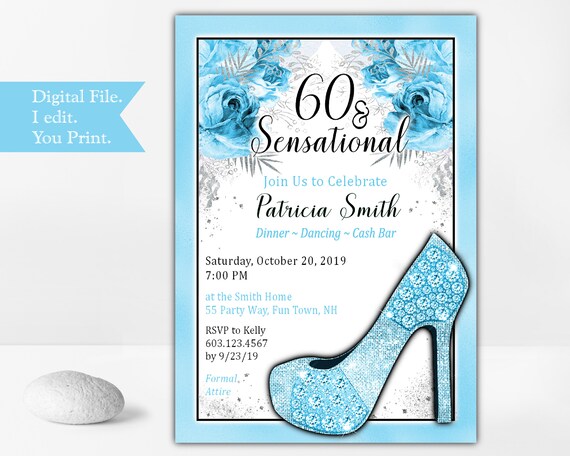 High Heels Birthday Party Invitation for a Woman in Icy Blue and Silver- Round Toe Stiletto Party Invite - Floral Invitation - Printable Il_570xn