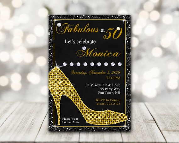 50th Birthday Party Invitation Woman - Fifty and Fabulous - Elegant High Heels Birthday Invite - Gold Glitter - Black and Gold - HEELS4 Il_570xn