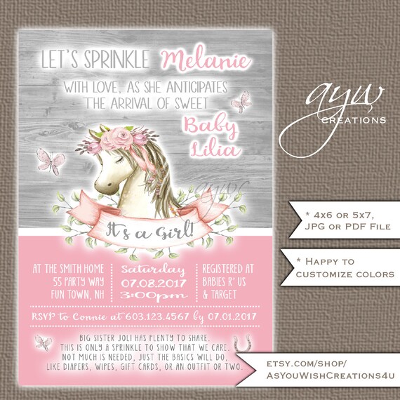 Horse Baby Shower Invitation Girl - Printable Digital File - Personalized for You - Rustic Wood Background Il_570xn