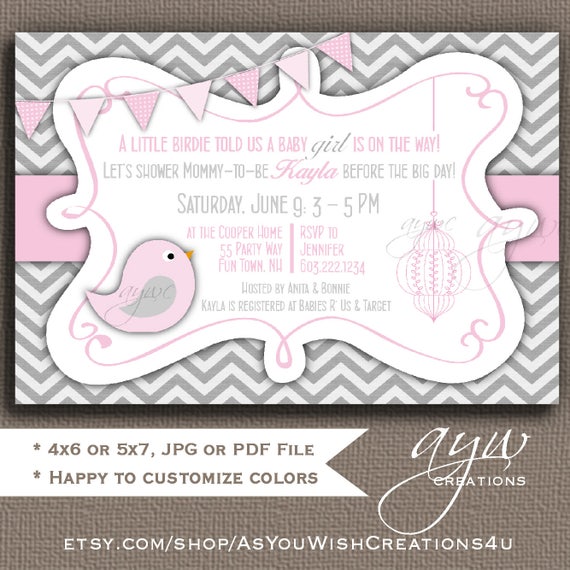 Bird Baby Shower Invitation Girl Printable Digital File