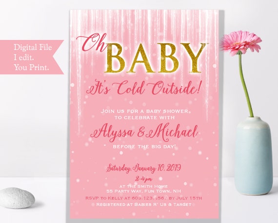 Baby It's Cold Outside Baby Shower Invitation for a Girl in Pink and Glittered Gold, with Hanging Icicles ~ Printable Invitation - DIY Il_570xn