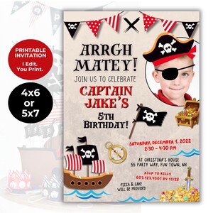 Invitación de cumpleaños pirata para imprimir, archivo digital, tarjeta fotográfica con temática pirata para niños, fiesta de búsqueda del tesoro, aventura para niños y niñas, 4.º y 5.º