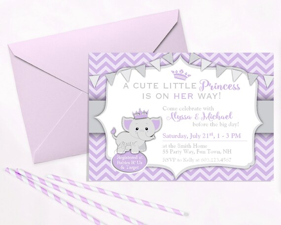 Elephant Baby Shower Invitation Girl - Princess Baby Shower Invite - Printable Invitation - Lavendar and Gray Il_570xn
