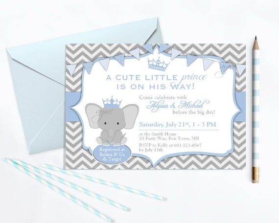 Elephant Baby Shower Invitation Boy - Unique Prince Baby Shower Invitation on Chevron - Printable Invitation - Royal Invite Il_570xn