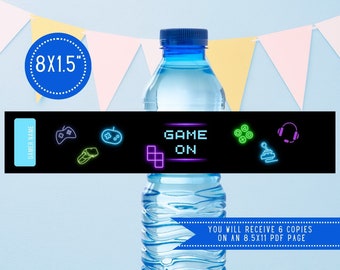 Video Game Party Water Bottle Labels, Gaming Party Drink Label, Glow Party Decorations, Printable Decor, Instant Download - VIDGLOW4