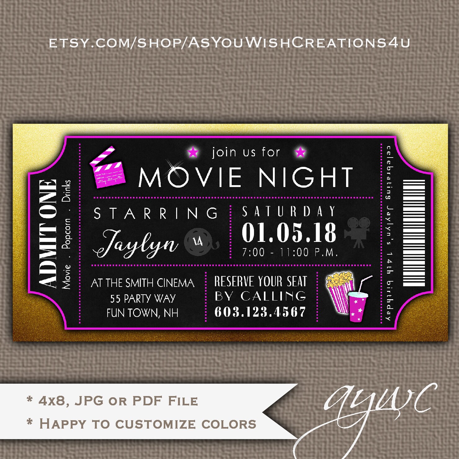 movie theater birthday party invitation girl movie night party etsy