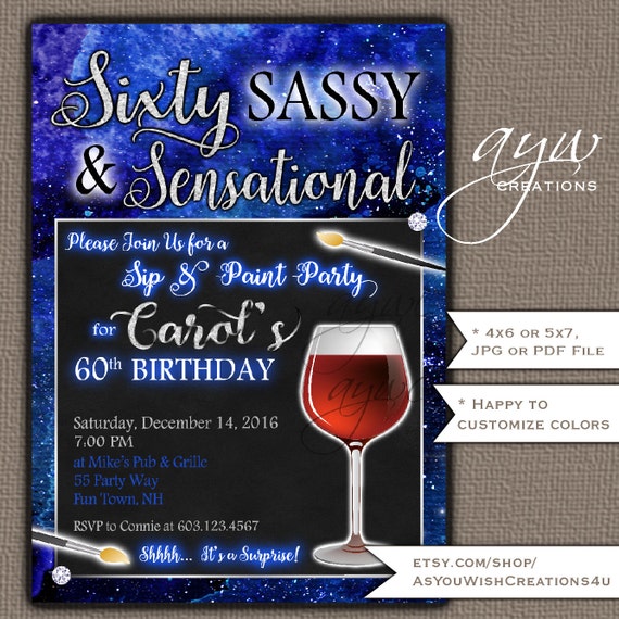 60th Birthday Paint and Sip Party Invitation for the Woman Who is Sixty