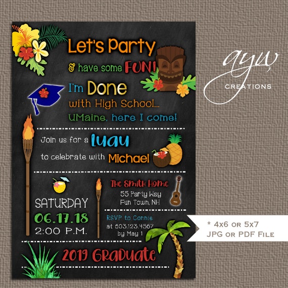 High School Graduation Luau Party Invitation Boy, High School Graduation Party on Chalkboard Background, High School Luau, Printable Il_570xn