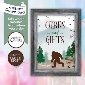 Cards and Gifts Party Sign for Bigfoot Party Instant Download Party Decor Sasquatch Party Decoration Printable Sign Template Party Gift Sign