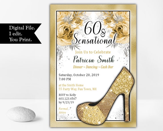 70th Birthday Party Invitation for a Woman in Gold and Black - Round Toe Stiletto Heel Party Invite, Floral Invitation, Printable Il_570xn