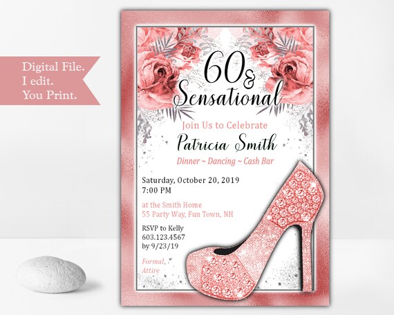 50th Birthday Party Invitation for a Woman in Coral Pink and Silver - Round Toe Stiletto Heel Party Invite, Floral Invitation, Printable Il_570xn