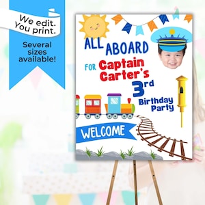 Letrero de bienvenida para cumpleaños de tren Choo Choo Letrero personalizado para fiesta de cumpleaños de tren Letrero de bienvenida para fiesta de tren imprimible Letrero para fiesta de tren All Aboard