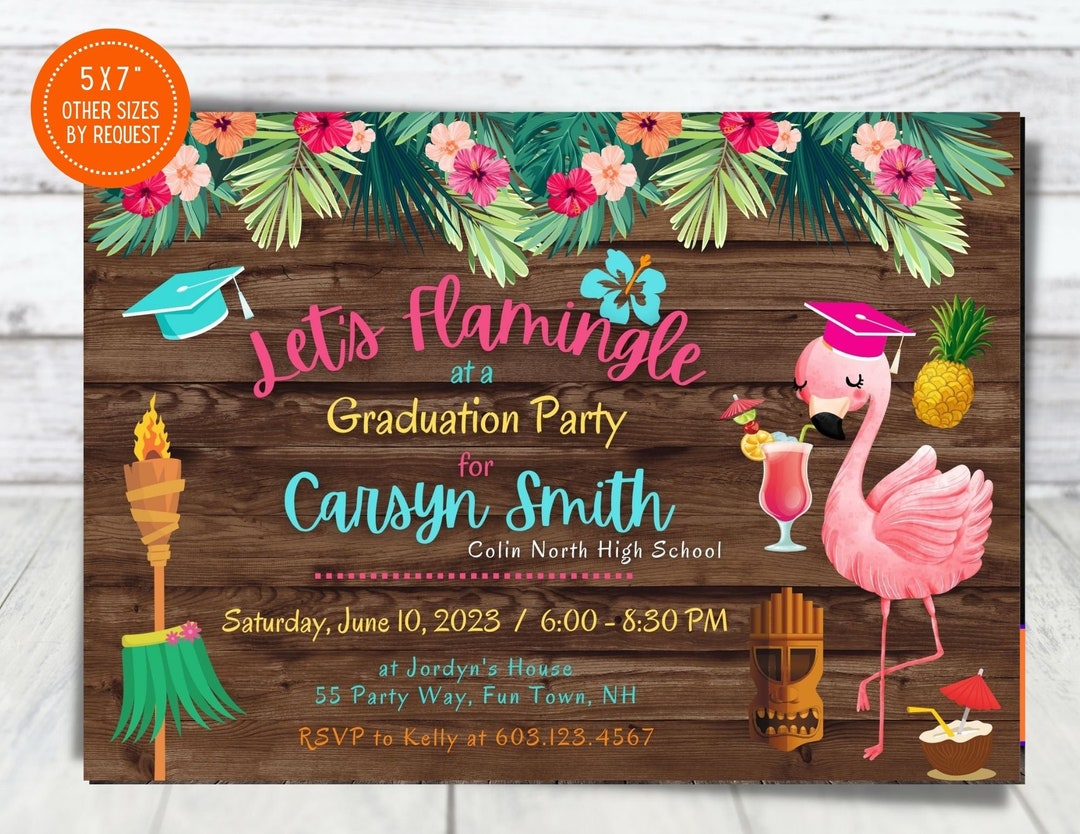 Let's Flamingle Luau Graduation Party Invitation, Hawaiian Party Invite