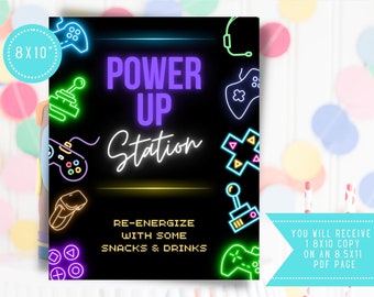 Video Game Party Food Table Sign, Video Game Party Sign, Party Food Sign, Birthday Party Sign, Power Up Station Sign, Printable, VIDGLOW1