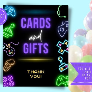 Spielkarten und Geschenke Zeichen für eine Videospielparty - Partydekoration zum Ausdrucken - Videospielkarten-Schild, Geschenke-Schild, Geburtstagsparty-Schild, VIDGLOW1