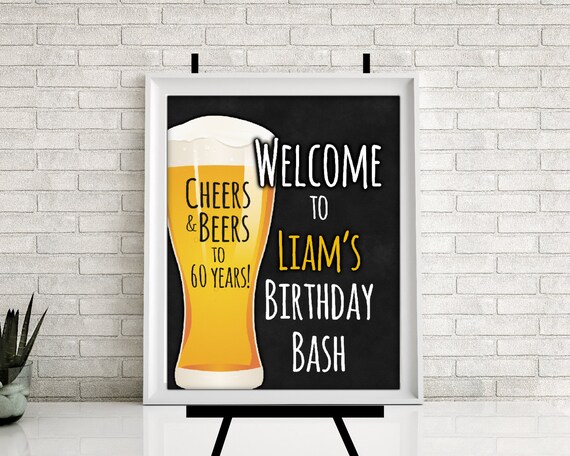Welcome Sign for a Man's Birthday Party - Cheers and Beers Welcome Sign - Man's Birthday Party Welcome Sign - Chalkboard Background Il_570xn