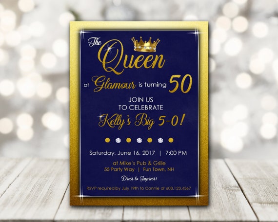 50th Birthday Party Invitations Women Queen Of Glamour Gold Etsy