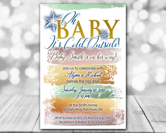 Winter Baby Shower Invitation Girl - Oh Baby! - Gold Brush Strokes - Personalized for you - Printable Invitation Il_570xn