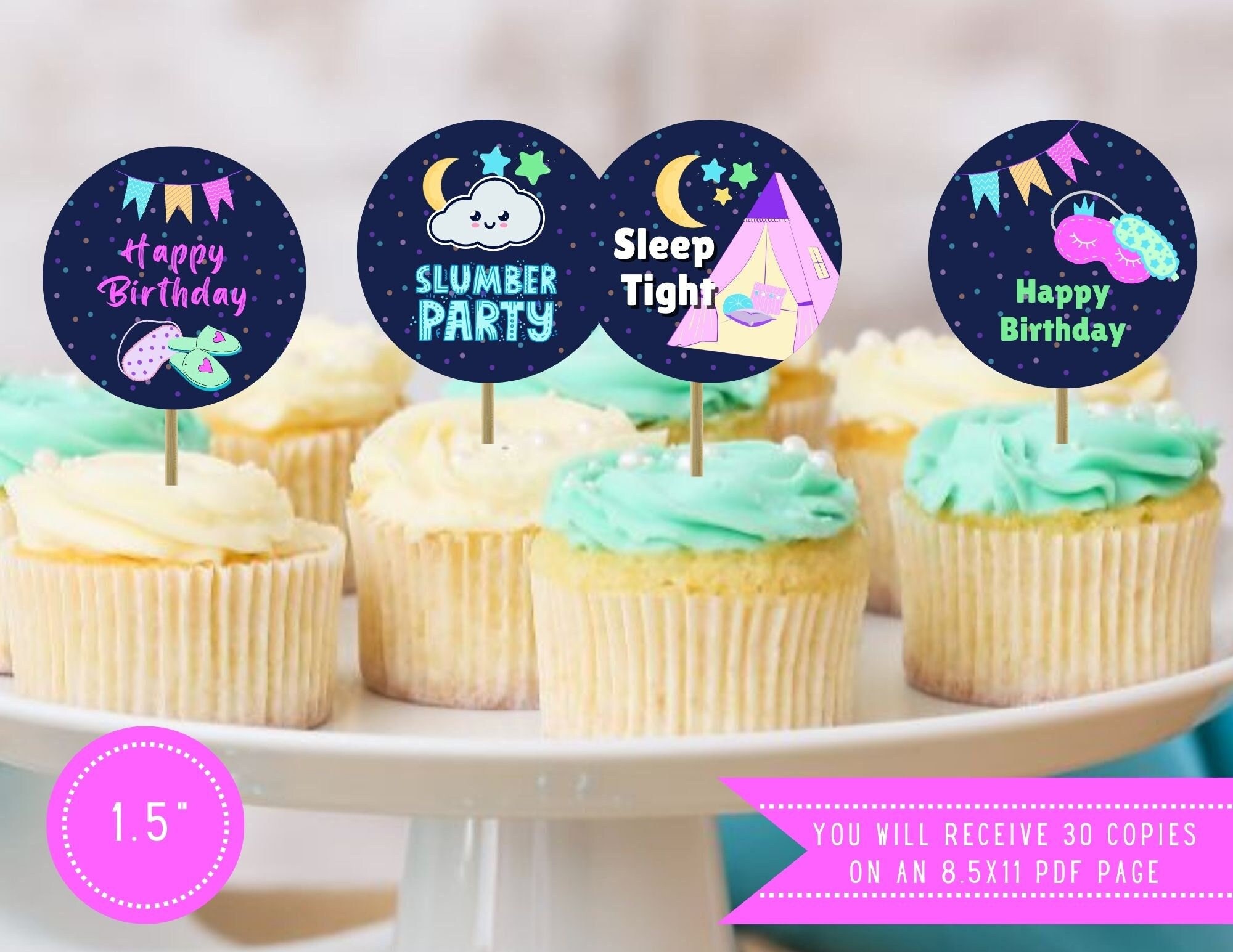Fondant Sleepover Slumber Party Toppers for Cupcakes, Cookies or