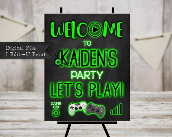 Welcome Sign for a Video Game Birthday Party - Game On Sign - Let's Play - Personalized Poster - Glow Party Sign - Chalkboard - VIDEO1 Il_570xn