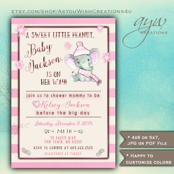 Elephant Baby Shower Invitation Girl - Winter Baby Shower - Printable Digital File - Personalized for You - Stripes Background Il_570xn