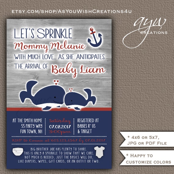 Whales Baby Sprinkle Invitation Boy - Printable Digital File - Personalized for You - Rustic Wood Background Il_570xn