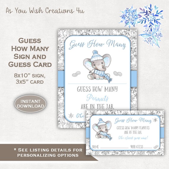 Guess How Many Peanuts Game, Guess Card and Sign - Winter Elephant Baby Shower Decorations Boy - Instant DOWNLOAD - WINTER1 Il_570xn