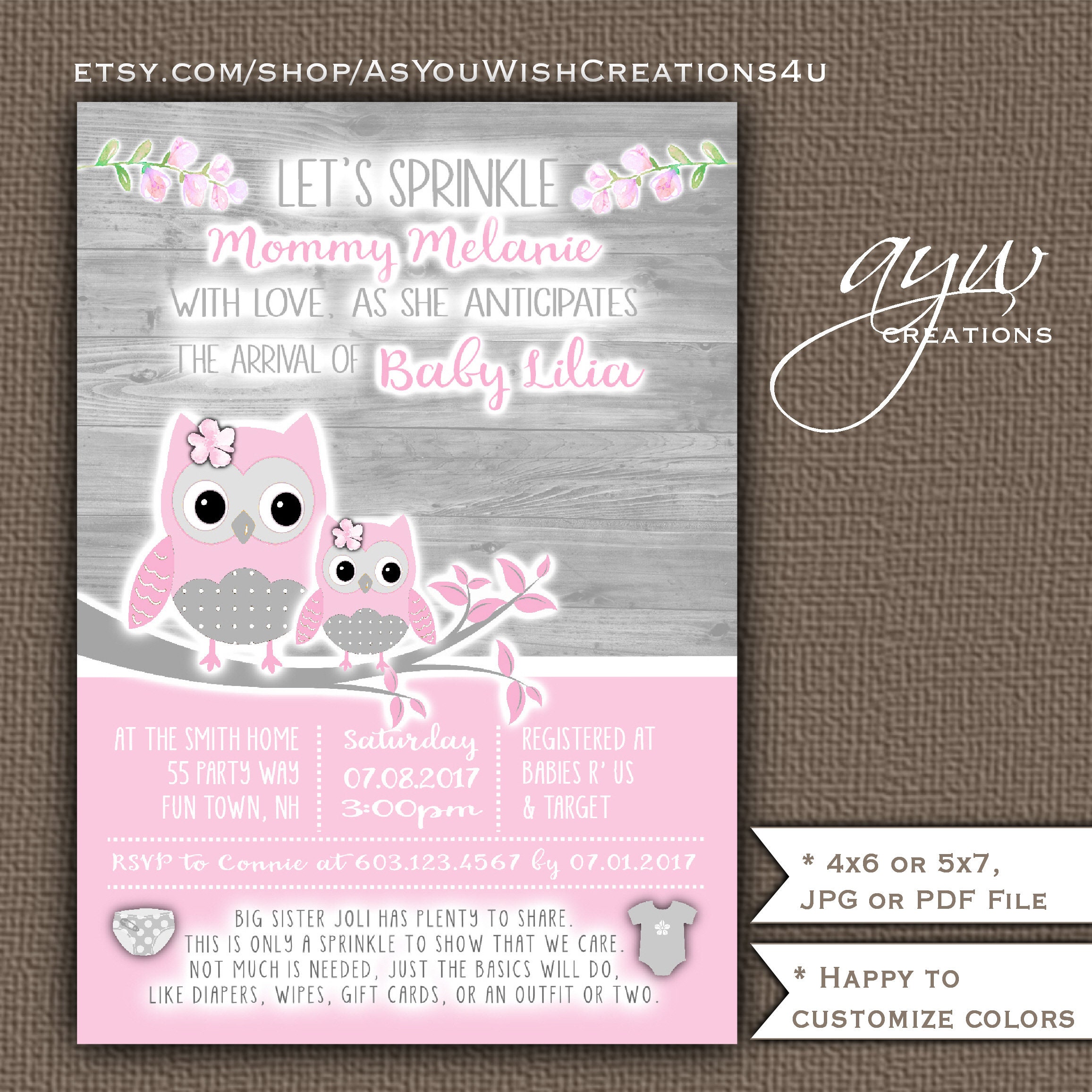 Owls Baby Shower Invitation Girl Printable Digital File Etsy