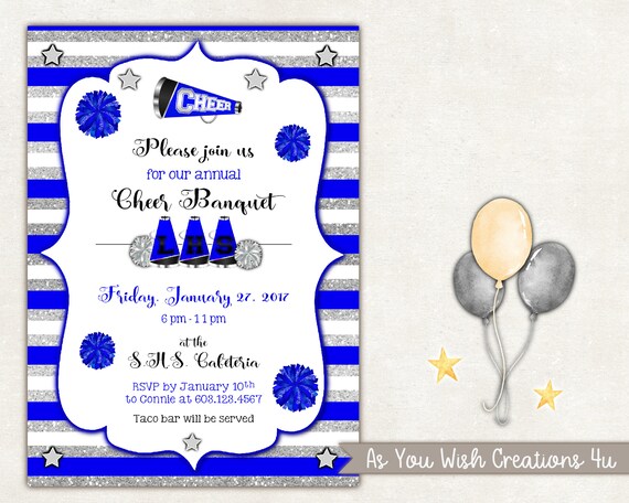 Cheer Banquet Invitation on Stripes Background with Silver Glitter - Cheerleading Birthday Party for Tween or Teen Il_570xn