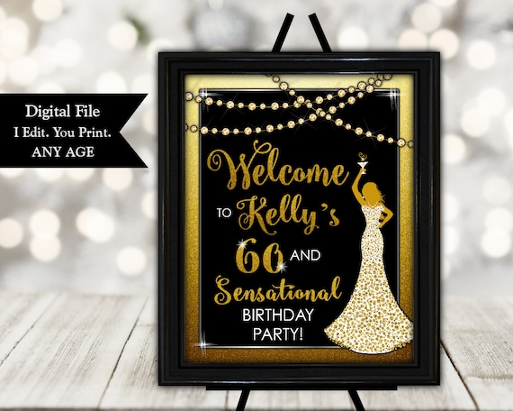 Welcome Sign for a Woman's Birthday Party - Glam Dress Welcome Sign in Black and Gold - Woman's Birthday Party Welcome Sign - Any Age Il_570xn