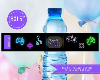 Video Game Party Water Bottle Labels, Gaming Party Drink Label, Glow Party Decorations, Printable Decor, Instant Download - VIDGLOW1