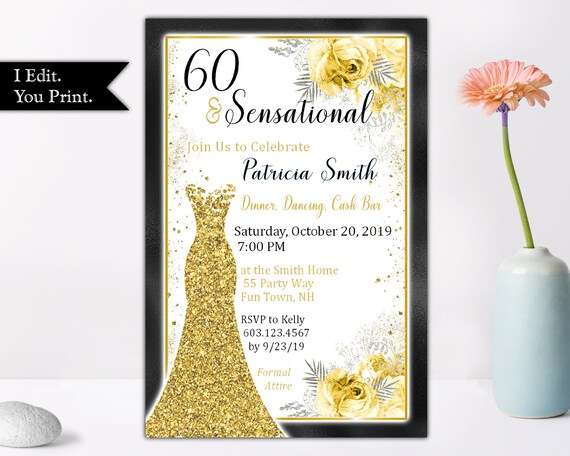 Woman's Birthday Party Invitation in Black and Gold - Flowers and Party Invite - Classy Dress and Roses Party, Glitter, Sparkles, Elegant Il_570xn