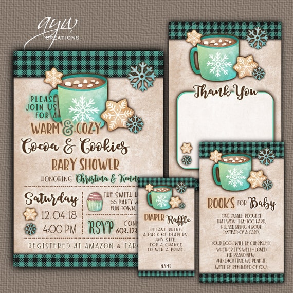 Cocoa and Cookies Baby Shower Invitation for a Boy - Winter Baby Shower Party Package on Vintage Paper Background - Printable Digital File Il_570xn
