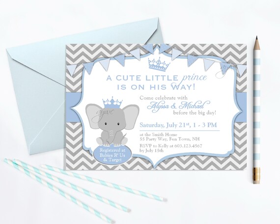 Elephant Baby Shower Invitation Boy - Unique Prince Baby Shower Invitation on Chevron - Printable Invitation - Royal Invite Il_570xn