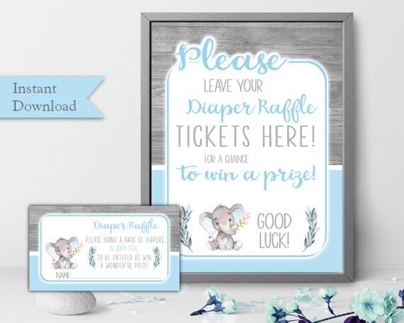 Diaper Raffle Ticket for Elephant Baby Shower Decorations Boy - DOWNLOAD, Elephant Matching Printable Diaper Raffle Ticket Boy - ESJMB1 Il_570xn
