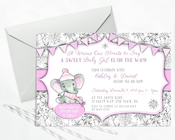 Elephant Baby Shower Invitation for a Girl - Winter Baby Shower Invitation - Snowflakes - Printable Invitation Il_570xn
