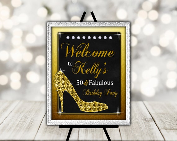 Welcome Sign for a Woman's Birthday Party - Glam High Heels Welcome Sign in Black and Gold - Woman's Birthday Party Welcome Sign - HEELS3 Il_570xn