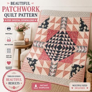 May include: A patchwork quilt pattern featuring a central diamond motif in navy blue, cream, and coral pink floral prints. The design includes geometric triangles and a border with a small-scale diamond pattern. Text reads Beautiful Patchwork Quilt Pattern PDF Digital Download, Printable, PDF Pattern, Easy to Follow, Beginner Friendly, Timeless Design Beautiful Results, and Multiple Sizes Included.