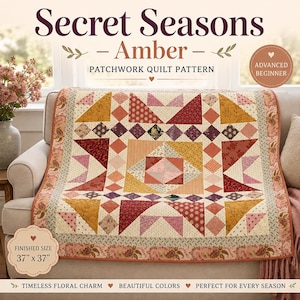 Op de afbeelding: Een patchwork quiltpatroon genaamd Secret Seasons Amber, met een geometrisch ontwerp met rode, oranje, gele en crèmekleurige bloemen- en patroonstoffen. De afgewerkte quilt meet 94 cm bij 94 cm en is bedoeld voor gevorderde beginners.