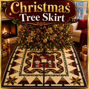 May include: A square Christmas tree skirt featuring a central panel of red and white poinsettias, surrounded by geometric borders in shades of green, red, and cream. The design includes stylized tree and star motifs with intricate quilting.