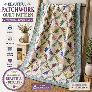 May include: A patchwork quilt featuring a repeating fan-like pattern in shades of blue, green, purple, and cream. The quilt has a floral border and is draped over a wooden ladder. Text on the image includes BEAUTIFUL PATCHWORK QUILT PATTERN.