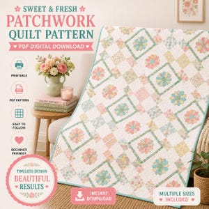 Daisy Dresden Quilt Pattern PDF, Floral 9 Patch Quilt, Pastel Applique Bed Quilt, On Point Patchwork Digital Download, 67 x 84