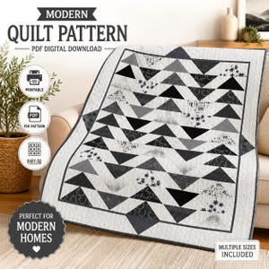 Flying Geese Quilt Pattern PDF, Modern Black White Quilt, Fat Quarter Geometric Throw Quilt, 56.5 x 65.5 Digital Download