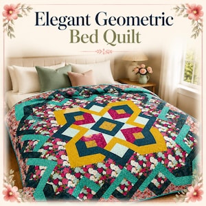 Puede incluir: Una colcha de cama con un patrón geométrico central en amarillo mostaza, verde azulado y magenta, rodeado por un estampado floral con flores rosas, blancas y azules. El texto "Elegant Geometric Bed Quilt" aparece sobre la colcha.