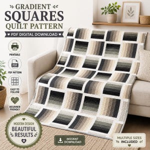 Molde de colcha moderna em tons neutros em PDF, colcha degradê com patchwork em tiras, colcha geométrica minimalista, download digital de 54 x 63 polegadas.